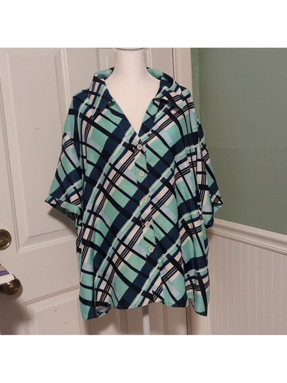 Plus Size Collared Shirt V Neck Button Down Shirt Sleeves Blues 3X Vacation
